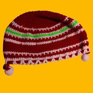 Vintage Handmade Crochet Hat Red White Green Striped Pattern With Pom-Pom Trim